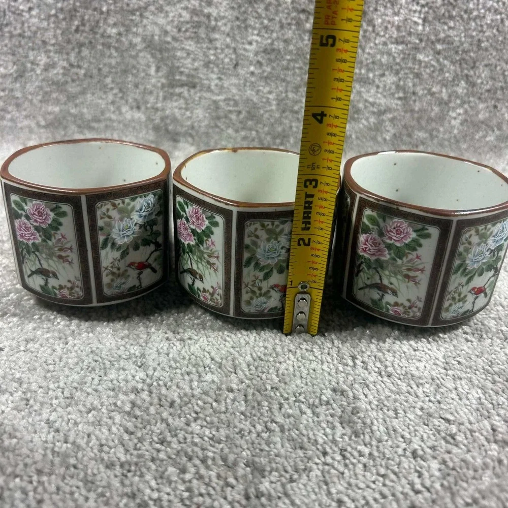 Hexagonal Tea Cups White Brown Floral Bird Ceramic Set of 3